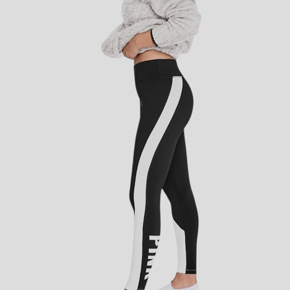 NWT Victoria's Secret PINK Cozy Leggings Black & White Logo Colorblock Soft MD